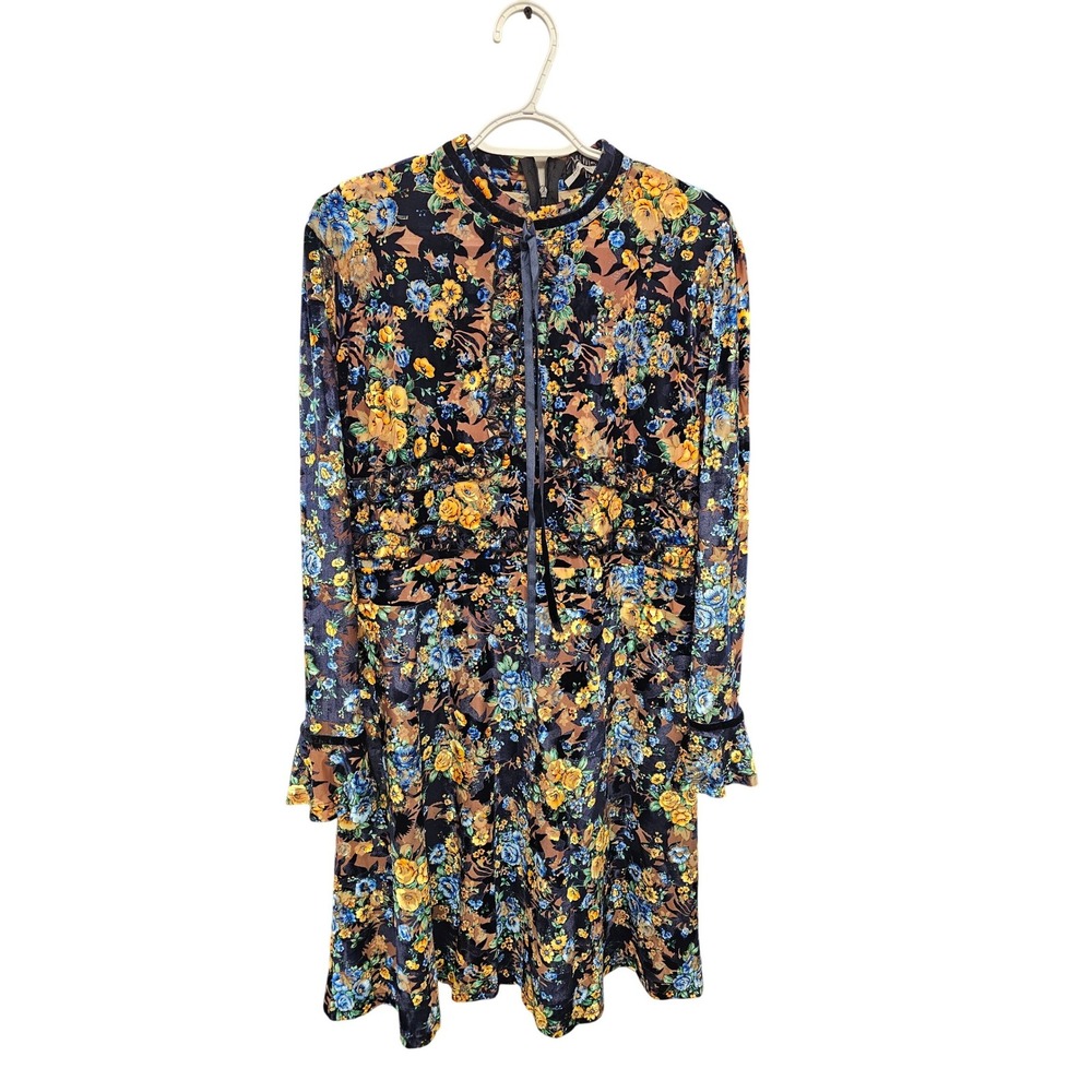 Dalia MacPhee Floral Velvet Mini Dress Navy Blue Yellow Gold Ruffle 2X NWT